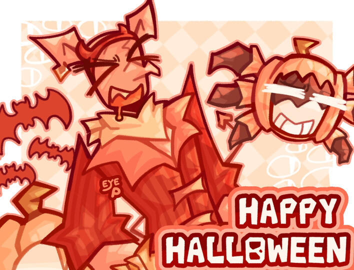 Halloween art for 2024, featuring El Goblino dressed as a demon (?) and Screech dressed as a pumpkin.