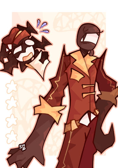 Seek and Screech wearing fancy hotel uniform that I designed for fun. They're wearing doorman uniform!