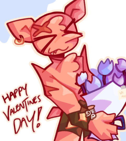 Valentines art for 2024, featuring El Goblino with some tulips for his amor!