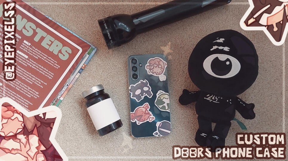 My 'custom' DOORS phone case that's actually just a bunch of stickers I made stuck onto my phone.